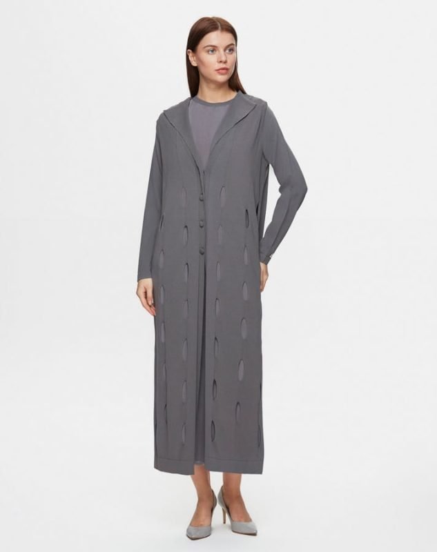 T25Y-9007/ Self - Perforated Long Knitwear Cardigan with Dress Set  / طقم كارديجان طويل محبوك مثقوب ذاتيًا مع فستان