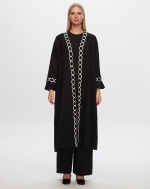 T24Y-8011/ Linen Kaftan with Soutain Detail Set 3 piece/ قفطان من الكتان بتفاصيل سوتين طقم 3 قطع