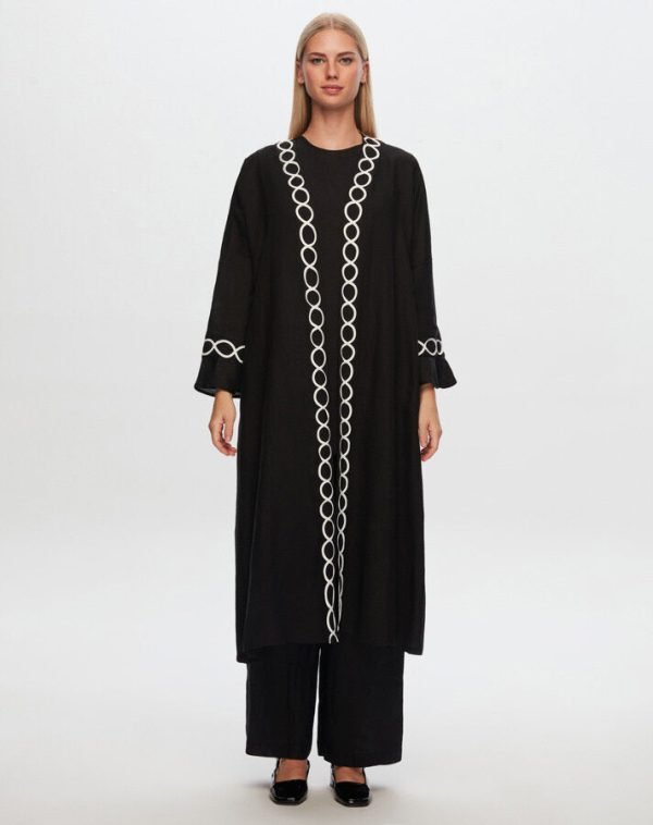 T24Y-8011/ Linen Kaftan with Soutain Detail Set 3 piece/ قفطان من الكتان بتفاصيل سوتين طقم 3 قطع