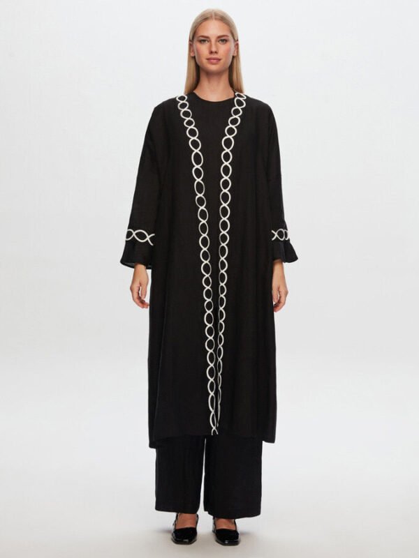 T24Y-8011/ Linen Kaftan with Soutain Detail Set 3 piece/ قفطان من الكتان بتفاصيل سوتين طقم 3 قطع