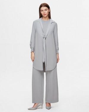 T25Y-8005 / Front Tie Knitwear Cupro Jacket with Trouser Set / طقم سترة كوبرو محبوكة برباط أمامي مع بنطلون