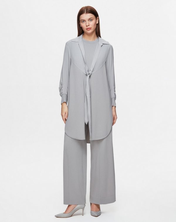 T25Y-8005 / Front Tie Knitwear Cupro Jacket with Trouser Set / طقم سترة كوبرو محبوكة برباط أمامي مع بنطلون