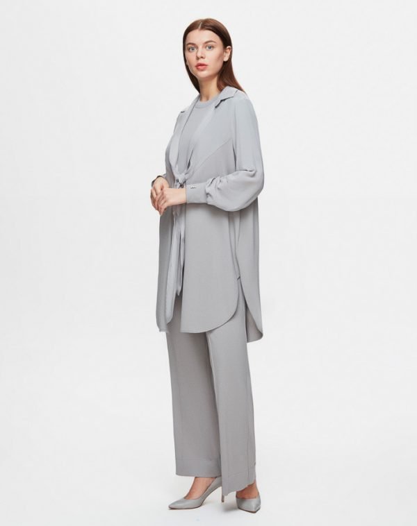 T25Y-8005 / Front Tie Knitwear Cupro Jacket with Trouser Set / طقم سترة كوبرو محبوكة برباط أمامي مع بنطلون - Image 3