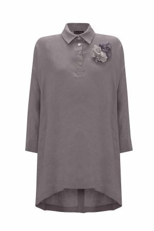 T25Y-6048 / A-line Cut Flower Brooch Linen Tunic Set / طقم تونيك كتان بروش على شكل زهرة مقطوعة على شكل حرف A