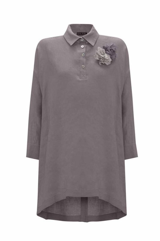 T25Y-6048 / A-line Cut Flower Brooch Linen Tunic Set / طقم تونيك كتان بروش على شكل زهرة مقطوعة على شكل حرف A