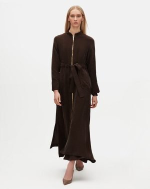 T25Y-8006 / Long Cupro Jacket with Quilted Pockets and Pants Set / طقم جاكيت كوبرو طويل مع جيوب مبطنة وبنطلون