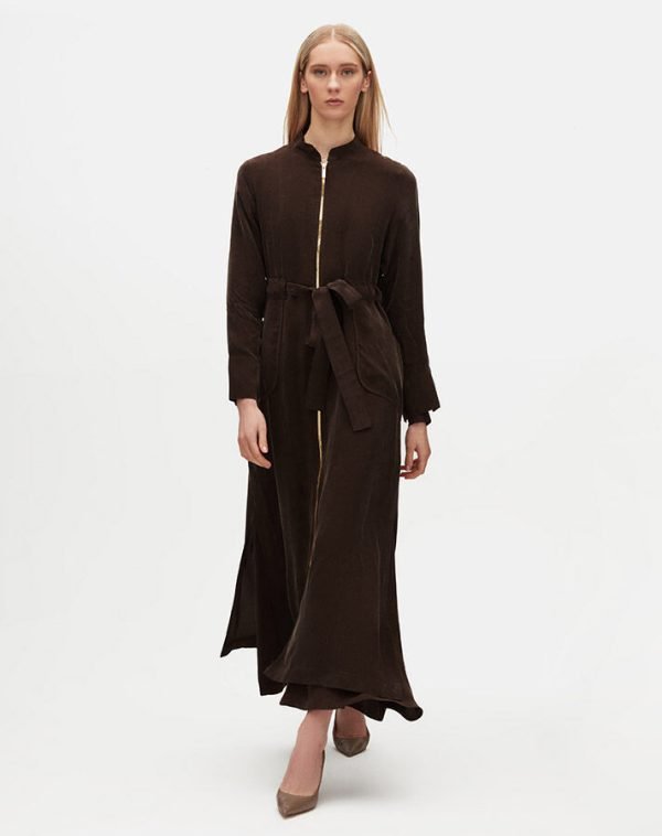 T25Y-8006 / Long Cupro Jacket with Quilted Pockets and Pants Set / طقم جاكيت كوبرو طويل مع جيوب مبطنة وبنطلون
