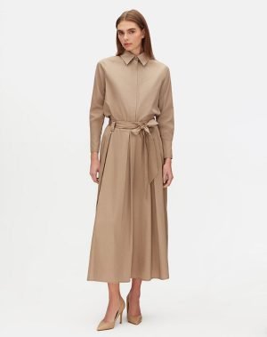 T25Y-3011 / Hidden Placket Poplin Shirt with Belted Waist Relaxed Cut Skirt Set  / طقم قميص بوبلين مخفي مع تنورة بقصّة مريحة مع حزام على الخصر