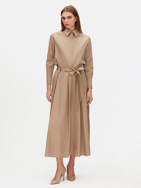 T25Y-3011 / Hidden Placket Poplin Shirt with Belted Waist Relaxed Cut Skirt Set  / طقم قميص بوبلين مخفي مع تنورة بقصّة مريحة مع حزام على الخصر