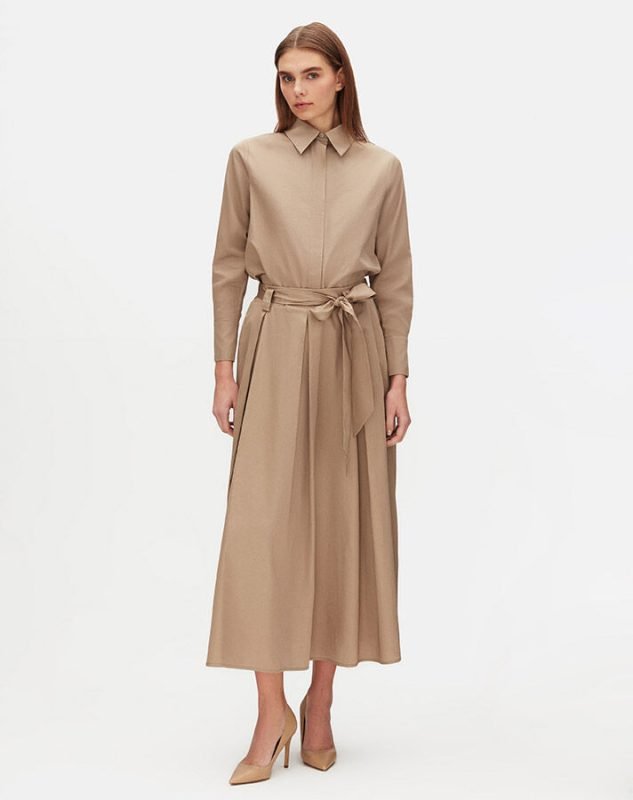 T25Y-3011 / Hidden Placket Poplin Shirt with Belted Waist Relaxed Cut Skirt Set  / طقم قميص بوبلين مخفي مع تنورة بقصّة مريحة مع حزام على الخصر