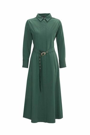 T25Y-4086 / Hidden Placket Belt Dress / فستان بحزام مخفي