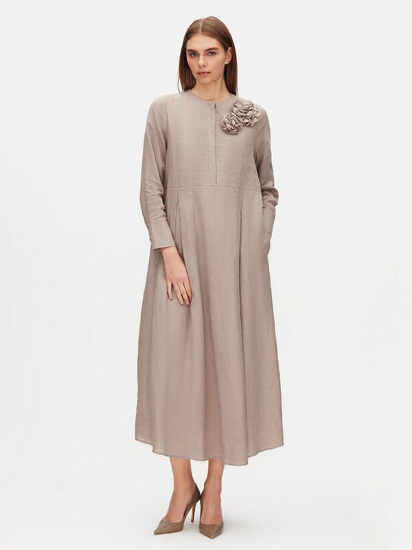T25Y-4063 / Floral Brooch Detailed Solid Color Linen Dress / فستان من الكتان بلون سادة مزين ببروش زهري