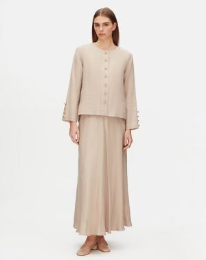 T25Y-8048 / Solid Color Linen Short Jacket with Skirt Set / طقم جاكيت قصير من الكتان بلون واحد مع تنورة