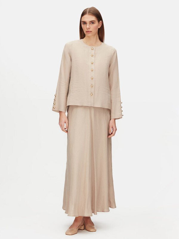 T25Y-8048 / Solid Color Linen Short Jacket with Skirt Set / طقم جاكيت قصير من الكتان بلون واحد مع تنورة