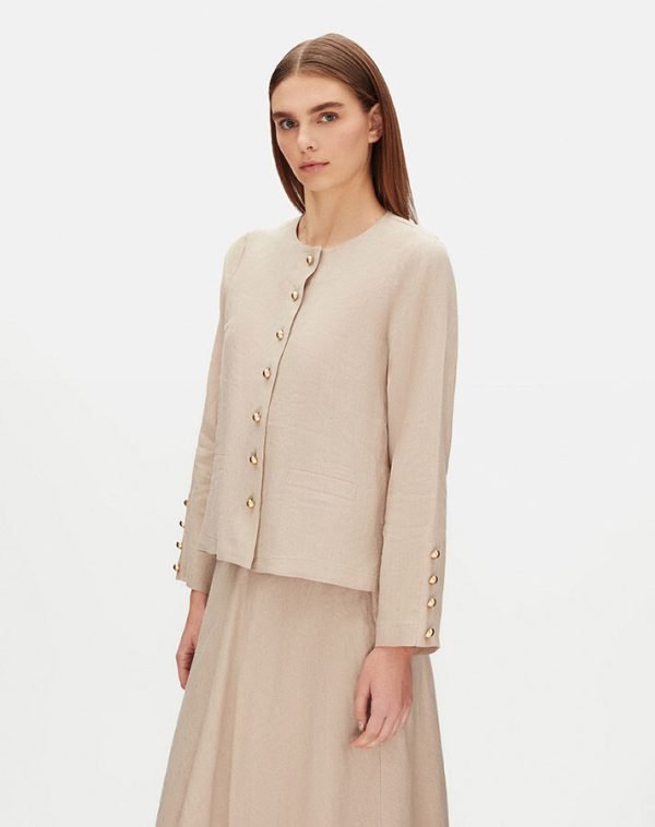 T25Y-8048 / Solid Color Linen Short Jacket with Skirt Set / طقم جاكيت قصير من الكتان بلون واحد مع تنورة - Image 3