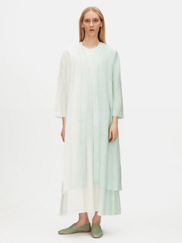 T25Y-8010 / Gradient Long Linen Jacket with Dress Set  / طقم جاكيت كتان طويل متدرج اللون مع فستان