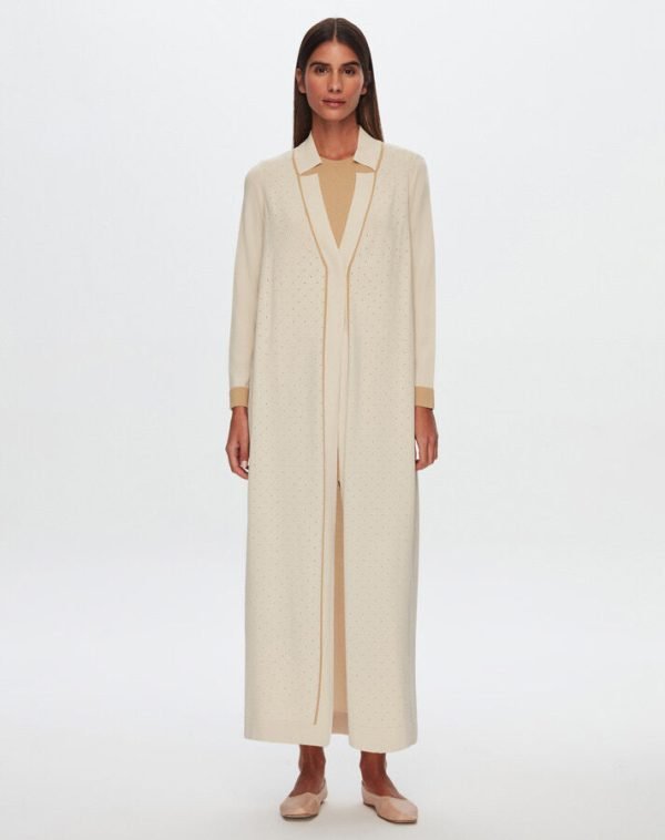 T24Y-9030/Collar Detailed Openwork Knitwear Long Cardigan with Pants Set / طقم كارديجان طويل محبوك بفتحات وياقة مع بنطلون