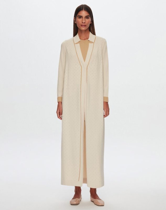 T24Y-9030/Collar Detailed Openwork Knitwear Long Cardigan with Pants Set / طقم كارديجان طويل محبوك بفتحات وياقة مع بنطلون