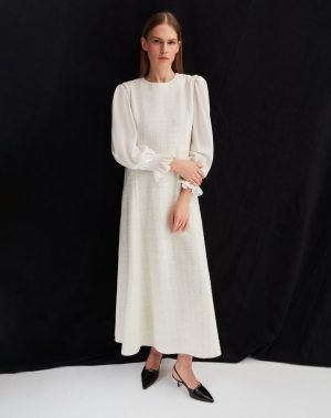 T25Y-4045 /Balloon Sleeve Tweed Fabric Dress/فستان من قماش التويد بأكماممنفوخة