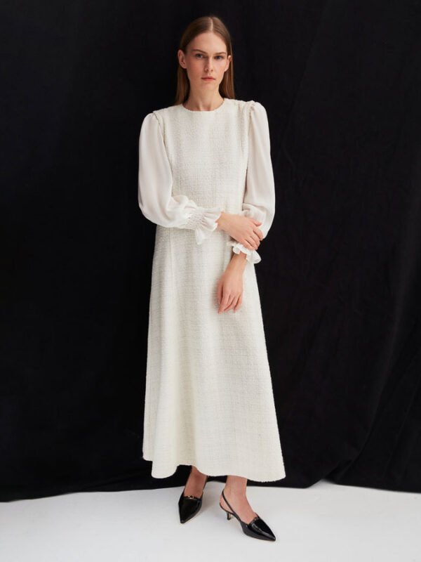 T25Y-4045 / Tweed dress with puff sleeves / فستان من قماش التويد بأكمام منفوخة