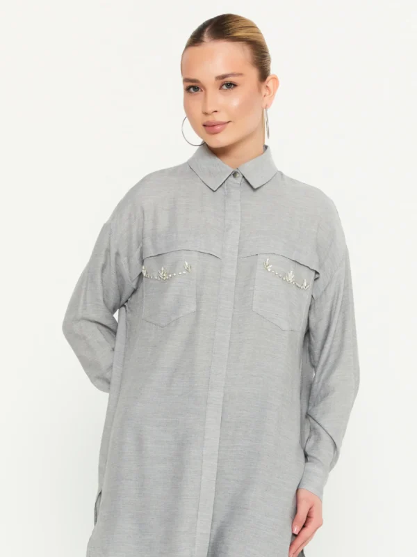 MYMMM11-0218 / Long Sleeve With Stones Regular Shirt / قميص رمادي بأكمام طويلة مع أحجار