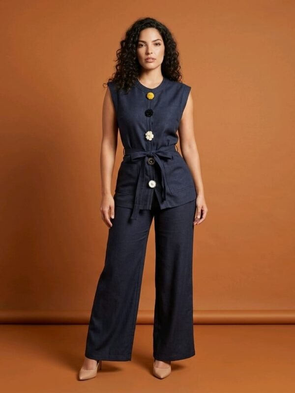 SW09052602 / Women's Sleeveless Sweater with a Round Neck Decorated with Buttons, Paired with Pants / سترة نسائية بدون أكمام برقبة دائرية مزينة بأزرار مع بنطال
