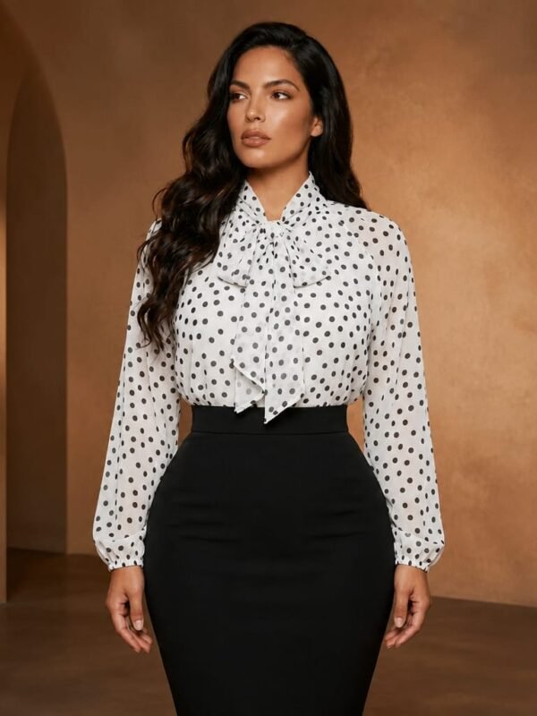SWY2026140607 / A Polka Dot Blouse Tied at the Front / بلوزة منقطه مربوطة من الأمام